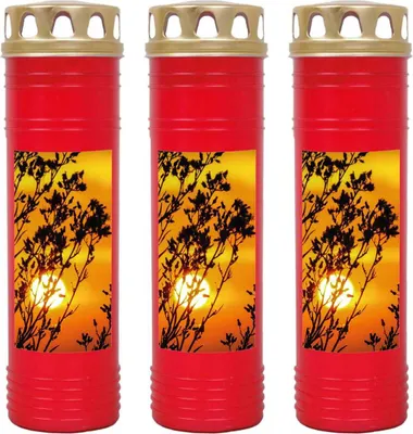 Immagine prodotto di Candela Grave rossa confezione da 3, durata di combustione: 170 ore (per candela), motivo: tramonto