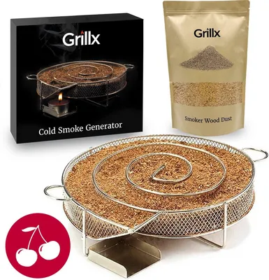 Produktbild von Grillx Kaltrauchgenerator mit Kirsch-Räuchermehl – 3 Liter – Edelstahl Smokerbox – Kalt Räuchern – BBQ Zubehör