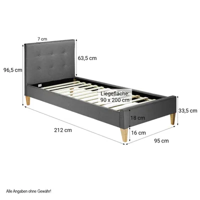 Produktbild von Homestyle4u Polsterbett 90x200 mit Lattenrost mit Matratze mit  Standard 100 mit Lattenrost Jugendbett Stoffbett Bettgestell Grau Einzelbett