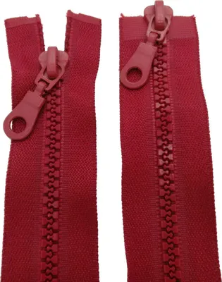 Two dark red zippers are shown side by side against a white background.