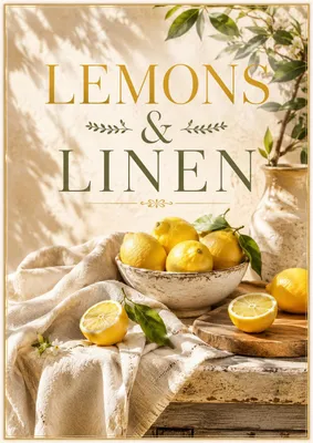Produktbild von Lemons & Linen Poster DIN A2 – Helles Küchenposter mit Zitronen & Leinen, matt