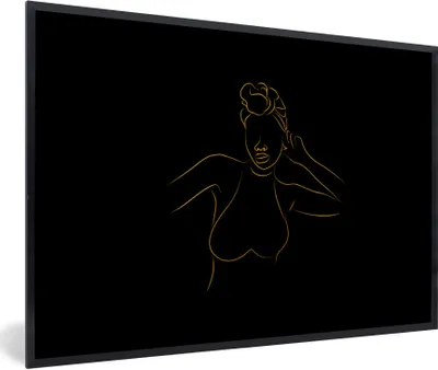 Produktbild von MuchoWow® Gerahmtes Poster Frau - Schwarz - Gold - Strichzeichnung 90x60 cm - Poster mit Schwarzem Bilderrahmen Wandposter Rahmen Foto Bilder - Fotorahmen - Foto-Plakat