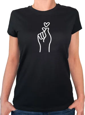 Produktbild von Huuraa Damen T-Shirt K-Pop Fingerherz Zeichen L Black Bio Baumwolle Fairtrade Damenshirt Geschenkidee