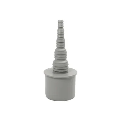 A gray plastic hose adapter with a tapered end is shown against a white background.