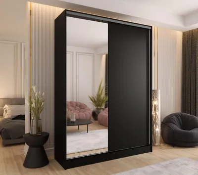 Produktbild von Schwebetürenschrank 2-türig 110x250x58 cm Schwarz mit Spiegel und 2 Schubladen – Moderner Kleiderschrank für Schlafzimmer und Flur