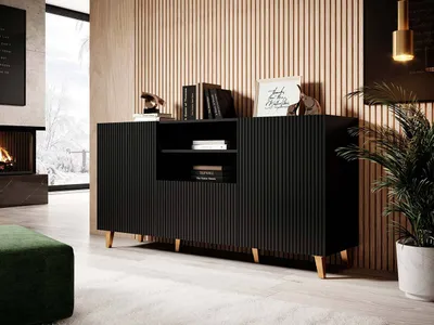 Image de MIRJAN24 Commode Pafos 150, Buffet haut de style avec 2 portes et un tiroir, Buffet de salon moderne (Couleur : Noir / Pieds dorés)