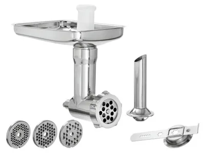 Produktbild von KitchenAid Fleischwolf-Set Edelstahl mit 3, 4.5, 6, 8 mm Lochscheiben, Wurstfüllhorn und Spritzgebäckvorsatz