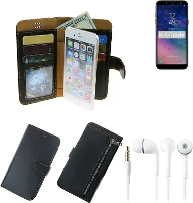 Produktbild von TOP SET Handy Hülle Schutz Hülle kompatibel mit Samsung Galaxy A6 Plus (2018)  schwarz aus Kunstleder + Kopfhörer Smartphone Tasche vollwertige