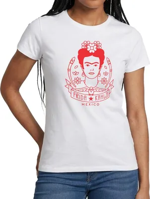 Produktbild von Spreadshirt Frida Kahlo Portrait Blumenkranz Rot Frauen T-Shirt, S, Weiß