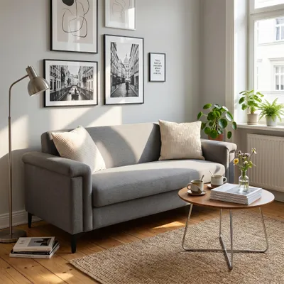 Produktbild von Skandinavisches Sofa Leinengewebe Holzgestell Metallbeine Taschenfederkern Nietenverzierung Hellgrau