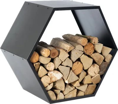 A hexagonal black metal log holder filled with firewood, presented on a white background.