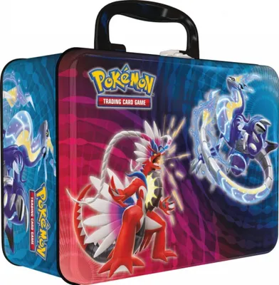 A Pokémon trading card game collector's tin with colorful artwork.
