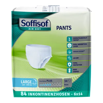 Produktbild von Soffisof Air Dry Windelpants für Erwachsene Plus L - 84x Inkontinenz Pants - 6 Packungen mit 14 Windeln, 6 Tropfen - Windeln Pants