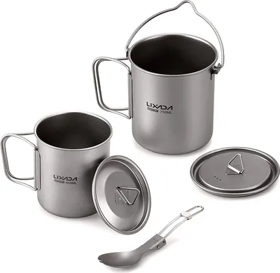 Produktbild von Leichtes 3-teiliges Set aus Titan, 750-ml-Topf, 450-ml-Wasserbecher, Becher mit Deckel, zusammenklappbarer Griff