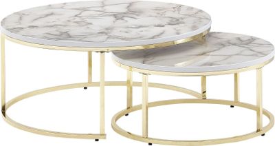 WOHNLING Couchtisch 2er Set Weiß Gold Marmor Optik Sofatisch Rund Modern