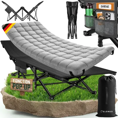 Image de Lit de camp ELONEO avec matelas rembourré – pliable, robuste, supporte jusqu'à 200 kg, idéal pour le camping et les invités