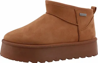 A single brown boot with a platform sole is shown against a white background.