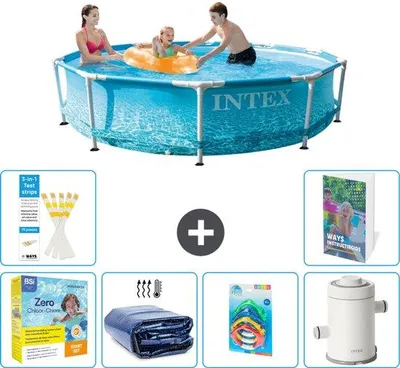 Produktbild von Rundes Schwimmbecken - 305 x 76 cm - Wasserdruck - Inklusive Reinigungspaket - Sonnenschirm - Spielzeug - Schwimmbeckenpumpe - 7-teilig