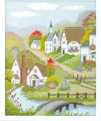 Image de Olympus Paquet de broderie au point de croix "Village en automne", motif à compter, 29,5x23,4cm