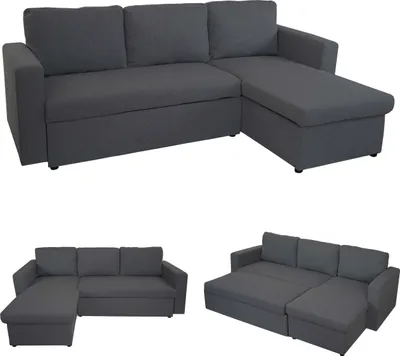Zdjęcie produktu dla Sofa rozkładana HWC-D92, narożnik rozkładany, funkcja spania 220x152cm tkanina/tekstylia ~ ciemnoszary, bez poduszek dekoracyjnych