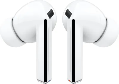 A pair of white wireless earbuds.