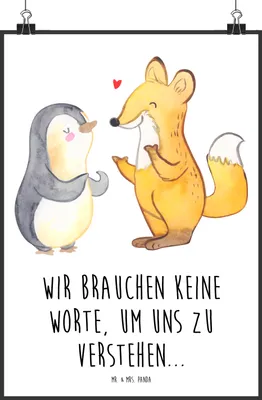 Produktbild von Mr. & Mrs. Panda Bild Fuchs & Pinguin gehörlos DIN A1 - Weiß - Geschenk, grafikposter, Kunstdruck, Gebärdensprache, wanddeko, drucke, Wandbild