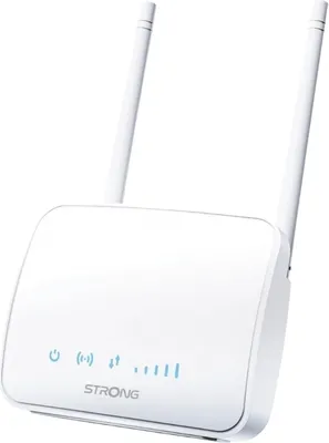 A white STRONG 4G LTE WLAN router with two antennas, shown against a white background.