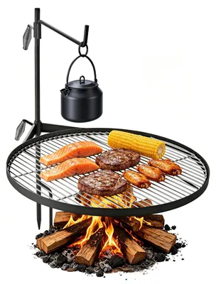 Image de Gril rotatif VEVOR pour feu de camp, avec grille de 62 cm, en acier au carbone, hauteur réglable, rotatif, idéal pour l'extérieur, le camping et le jardin, couleur noire