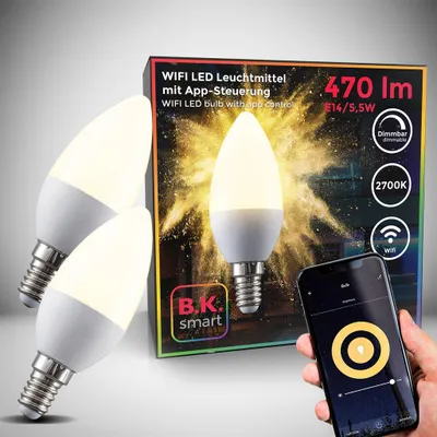 Immagine prodotto di Lampadine LED smart E14, set di 2, dimmerabili con lo smartphone, luce calda 2700K, funzionano con App per iOS e Android, Amazon Alexa, Google Home, lampadina Wi-Fi 5.5W 470Lm, attacco piccolo E14