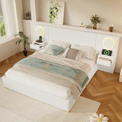 Produktbild von Polsterbett Samt mit LED-Kopfteil USB Schubladen Nachttisch stabil, 180x200 cm beige