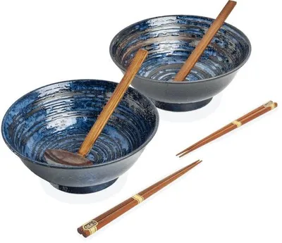 Produktbild von Edo Japan | Ramen Schalen Set Uzu - Blau - 6 Teile - Mikrowellengeeignet - Keramik
