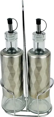Image de set de 2 distributeurs d'huile et de vinaigre - bouteilles en verre avec support en acier inoxydable