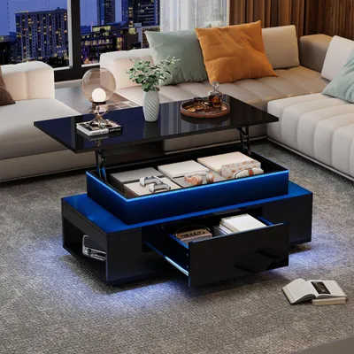 Produktbild von KLAM HOME Couchtisch Höhenverstellbarer Couchtisch Mit LED Beleuchtung Und Schublade Kaffeetisch mit Hydraulik Hub Beistelltisch Schwarz Hochglanz