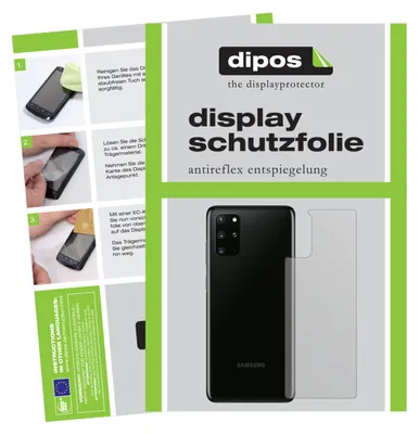 A collage showing instructions for applying a screen protector to a smartphone, along with a product shot of the screen protector and the back of a Samsung phone.