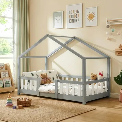Produktbild von Kinderbett ’Treviolo‘ in Haus-Optik mit Rausfallschutz Kiefernholz 80 x 160 cm Hellgrau / Weiß