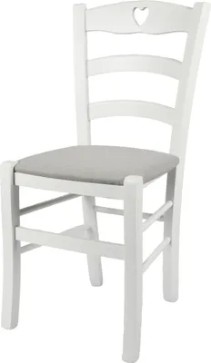 A white wooden chair with a gray upholstered seat, set against a white background.