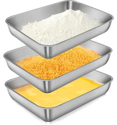 Produktbild von 3-teiliges Paneerset aus Edelstahl mit rechteckigen Wannen für Fisch Fleisch und Gemüse 25 x 20 x 5 cm