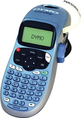 A blue and gray DYMO LetraTag label maker is shown against a white background.