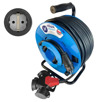 Produktbild von 50 Meter Verlängerungskabel H07RN-F 3x2,5mm2, mit 3 Schuko-Steckdosen, mit PCE-T-Stück, mit umgekehrter Trommel, Gummi
