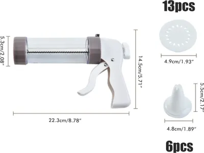 Imagen del producto de Máquina para hacer galletas tipo "spritz" de acero inoxidable, con prensa para galletas, ideal para proyectos de repostería casera. Incluye 13 discos y 6 boquillas para decorar con glaseado