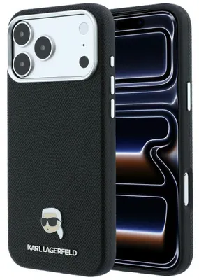 Obrázek produktu pro Karl Lagerfeld, pouzdro s motivem, kovové, kompatibilní s Apple iPhone 18 Pro / 17 Pro, barva: černá
