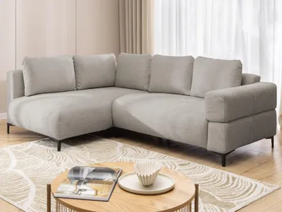 Produktbild von Cardea - Modernes Ecksofa in Bubble-Optik aus weichem Taupe Strukturstoff mit hohem Sitzkomfort, Ottomane links