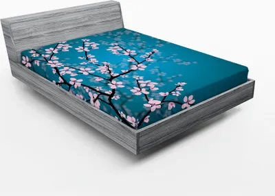 Produktbild von ABAKUHAUS japanisch Spannbetttuch, Rosa blüht Kunst-Blätter und Pflanzen Ombre-Frühlings-Japaner-Kirschblüte-Blumen im Garten-Park, 160 x 200 cm, Petrol Blau Hellrosa