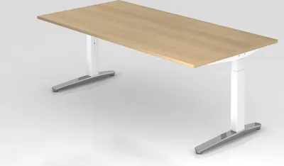 Produktbild von Schreibtisch Mika | Eiche | Weißes Gestell poliert | BxT 200x100cm | Arbeitshöhe 65-85cm | höhenjustierbar, 1cm Raster | C-Fuß-Gestell | Rechteckform
