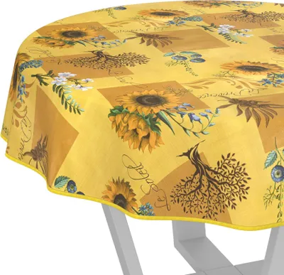 Image de Nappe imperméable et lavable, jaune, ronde, 140 cm, bordure, toile cirée rustique à motif tournesol, nappe de jardin