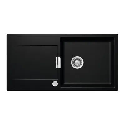 A black kitchen sink with a silver drain and a small silver knob on the left side.