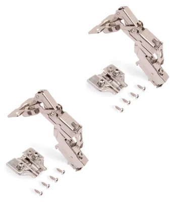Produktbild von Emuca Kit von 2 Topfscharniere X91 Mittelanschlag 165 Grad Öffnungswinkel mit Schließautomatik und Kreuzmontageplatten Euroschraube, Höhe 0, Stahl, vernickelt