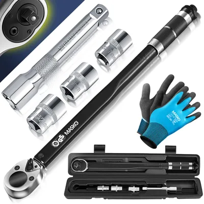 Produktbild von MASKO® Drehmomentschlüssel 6tlg. Set 40-210Nm 1/2 ' CV inkl. 3 Stecknüssen 17mm, 19mm, 21mm  und Verlängerung 125mm  inkl. Koffer +/- 4% Toleranz  Reifenschlüssel Auto Drehmoment-Schlüssel