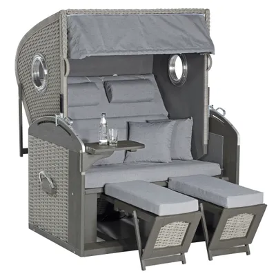 Produktbild von Rustikal Strandkorb 305 Z Comfort Bullauge, 2-Sitzer XL, Liegemodell Ostseeform, Geflecht stone-grey, herausnehmbare Kissengarnitur,Strukturpolyester UNI, Pinienholz grau lackiert, inkl. Oberkorb-Rückholfeder, ca.135x98x160