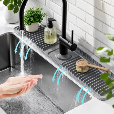 Produktbild von Silikonmatte für den Wasserhahn an der Küchenspüle, Abtropfmatte mit Spritzschutz und 7°-Neigung, Wasserauffangmatte für Küche und Badezimmer (Grau, 60 cm)